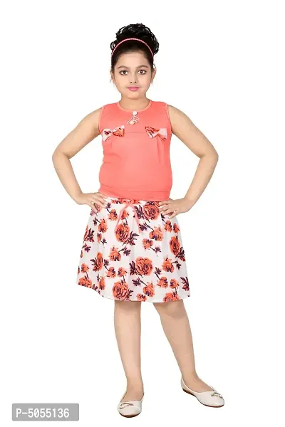 Stylish Cotton Polyester Pink Self Pattern Round Neck Top With Skirt Set For Girls-thumb0