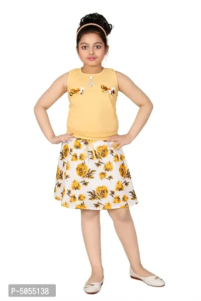 Stylish Cotton Polyester Yellow Self Pattern Round Neck Top With Skirt Set For Girls