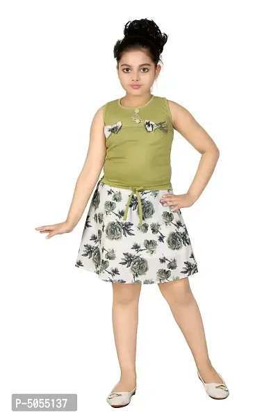 Stylish Cotton Polyester Green Self Pattern Round Neck Top With Skirt Set For Girls