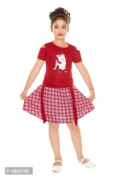 Stylish Cotton Polyester Maroon Printed Round Neck Top With Skirt Set For Girls