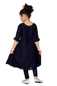 Stylish Cotton Navy Blue Embroidered Round Neck Bell Design Sleeves Kurta With Leggings For Girls-thumb2