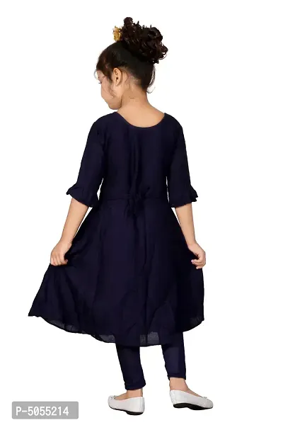 Stylish Cotton Navy Blue Embroidered Round Neck Bell Design Sleeves Kurta With Leggings For Girls-thumb3