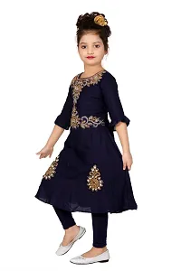 Stylish Cotton Navy Blue Embroidered Round Neck Bell Design Sleeves Kurta With Leggings For Girls-thumb1