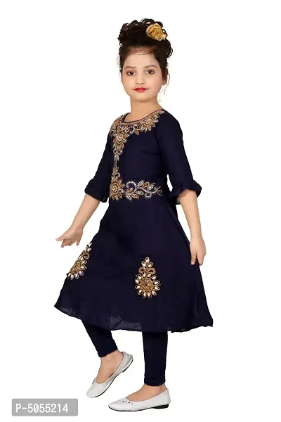 Stylish Cotton Navy Blue Embroidered Round Neck Bell Design Sleeves Kurta With Leggings For Girls-thumb2