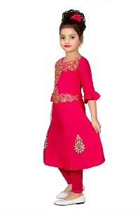Stylish Cotton Pink Embroidered Round Neck Bell Design Sleeves Kurta With Leggings For Girls-thumb1