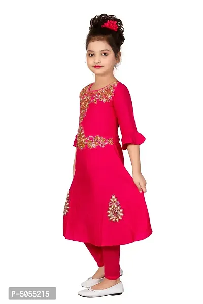 Stylish Cotton Pink Embroidered Round Neck Bell Design Sleeves Kurta With Leggings For Girls-thumb2