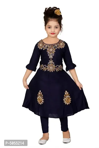 Stylish Cotton Navy Blue Embroidered Round Neck Bell Design Sleeves Kurta With Leggings For Girls