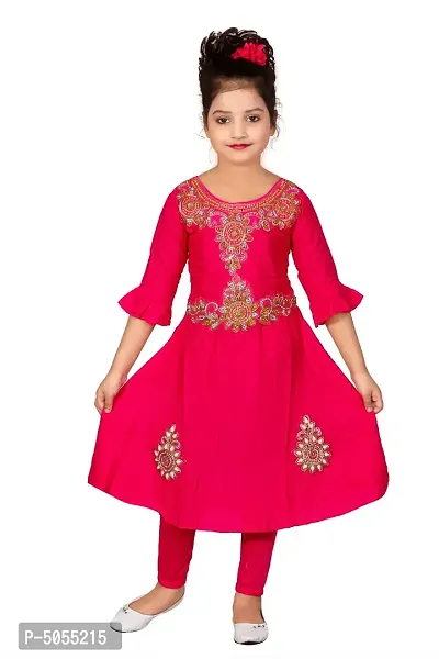 Stylish Cotton Pink Embroidered Round Neck Bell Design Sleeves Kurta With Leggings For Girls