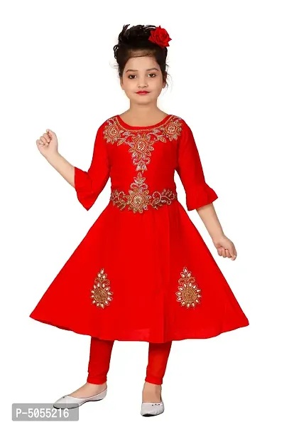 Stylish Cotton Red Embroidered Round Neck Bell Design Sleeves Kurta With Leggings For Girls
