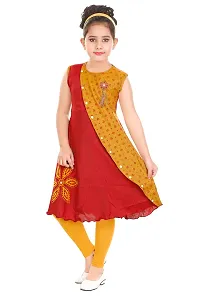 Stylish Cotton Red Self Pattern Round Neck Sleeveless Bell Kurta With Leggings For Girls-thumb1
