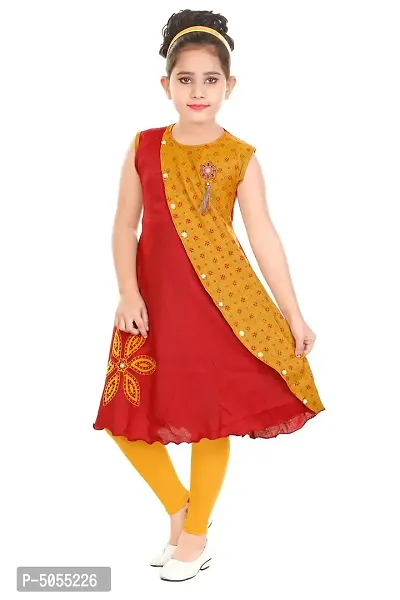 Stylish Cotton Red Self Pattern Round Neck Sleeveless Bell Kurta With Leggings For Girls-thumb2