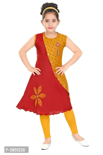 Stylish Cotton Red Self Pattern Round Neck Sleeveless Bell Kurta With Leggings For Girls