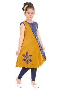 Stylish Cotton Mustard Self Pattern Round Neck Sleeveless Bell Kurta With Leggings For Girls-thumb1