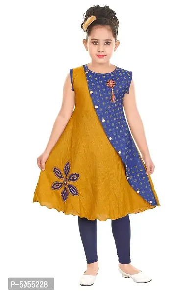 Stylish Cotton Mustard Self Pattern Round Neck Sleeveless Bell Kurta With Leggings For Girls