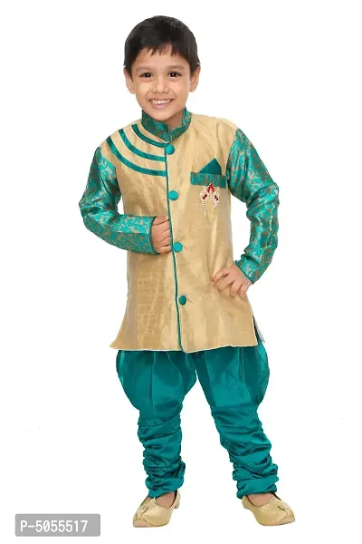 Stylish Art Silk Green Solid Kurta With Churidar Payjama Set For Boys