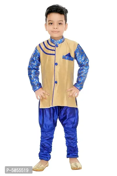 Stylish Art Silk Blue Solid Kurta With Churidar Payjama Set For Boys