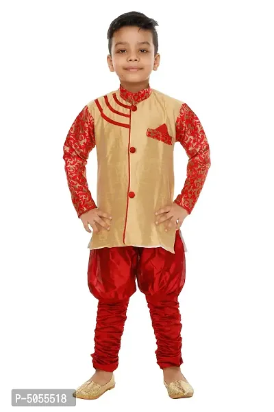 Stylish Art Silk Red Solid Kurta With Churidar Payjama Set For Boys