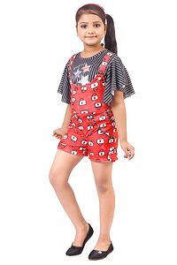 Elegant Red Polyester Spandex Self Pattern Top with Dungaree Set For Girls-thumb1