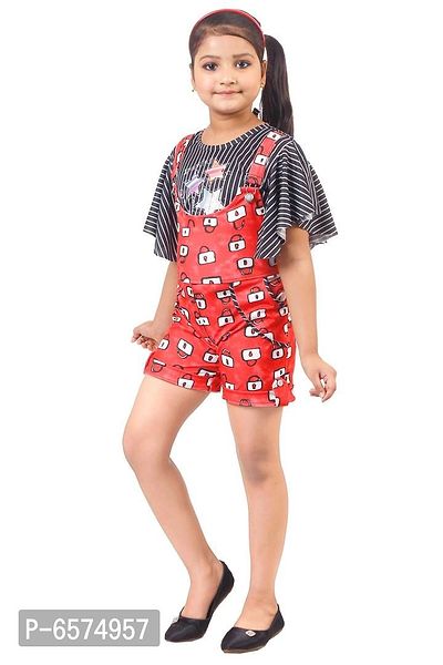 Elegant Red Polyester Spandex Self Pattern Top with Dungaree Set For Girls-thumb2