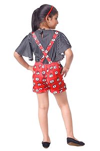 Elegant Red Polyester Spandex Self Pattern Top with Dungaree Set For Girls-thumb2