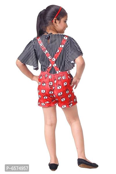 Elegant Red Polyester Spandex Self Pattern Top with Dungaree Set For Girls-thumb3