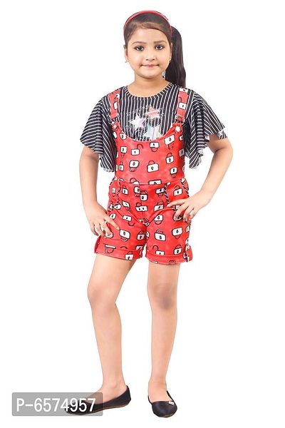 Elegant Red Polyester Spandex Self Pattern Top with Dungaree Set For Girls