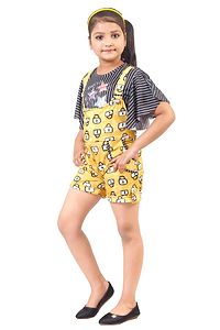 Elegant Yellow Polyester Spandex Self Pattern Top with Dungaree Set For Girls-thumb2