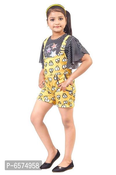 Elegant Yellow Polyester Spandex Self Pattern Top with Dungaree Set For Girls-thumb3