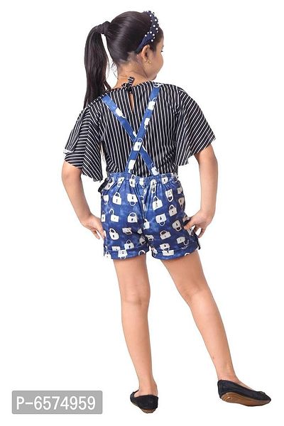 Elegant Blue Polyester Spandex Self Pattern Top with Dungaree Set For Girls-thumb3