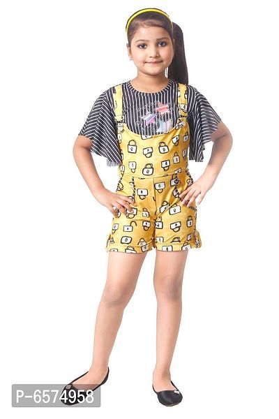 Elegant Yellow Polyester Spandex Self Pattern Top with Dungaree Set For Girls-thumb0