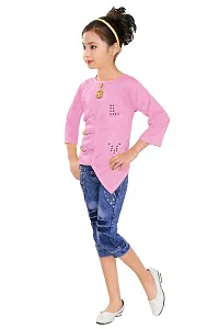 Elegant Pink Denim Self Pattern Top with Jeans Set For Girls-thumb1