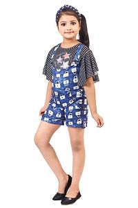 Elegant Blue Polyester Spandex Self Pattern Top with Dungaree Set For Girls-thumb1