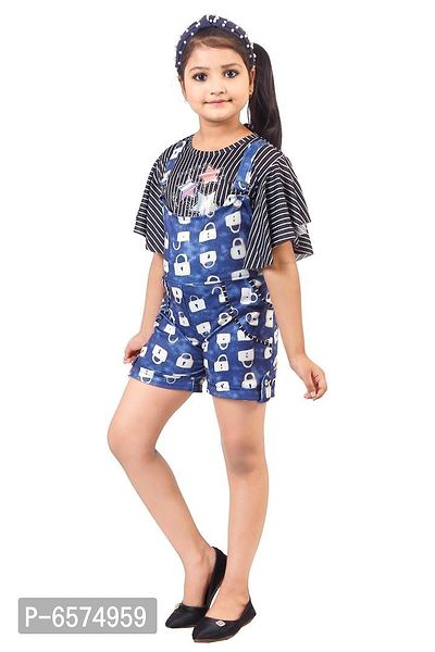 Elegant Blue Polyester Spandex Self Pattern Top with Dungaree Set For Girls-thumb2