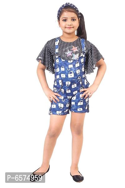 Elegant Blue Polyester Spandex Self Pattern Top with Dungaree Set For Girls-thumb0