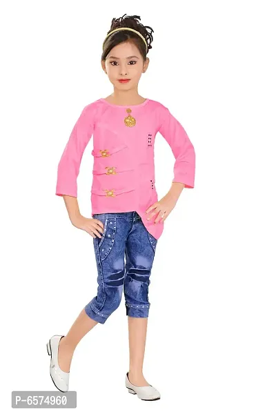 Elegant Pink Denim Self Pattern Top with Jeans Set For Girls-thumb0