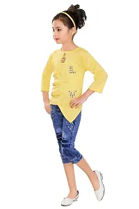 Elegant Yellow Denim Self Pattern Top with Jeans Set For Girls-thumb1