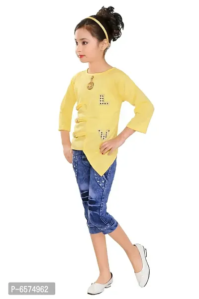 Elegant Yellow Denim Self Pattern Top with Jeans Set For Girls-thumb2