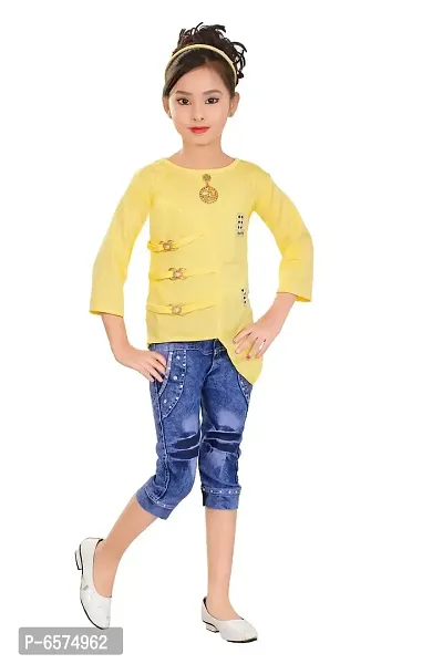 Elegant Yellow Denim Self Pattern Top with Jeans Set For Girls