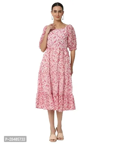 Stylish Pink Georgette Floral Printed Fit And Flare Dress For Women-thumb0
