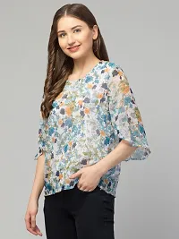 Women Blue Color Floral Print Round Neck Casual Top-thumb1