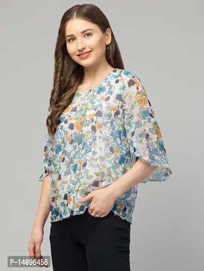 Women Blue Color Floral Print Round Neck Casual Top-thumb2