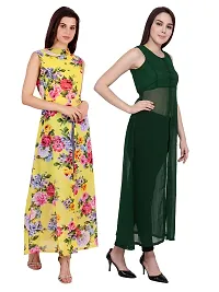 Women Yellow Flower Print  Green Solid Front Slit Maxi Dress-thumb2
