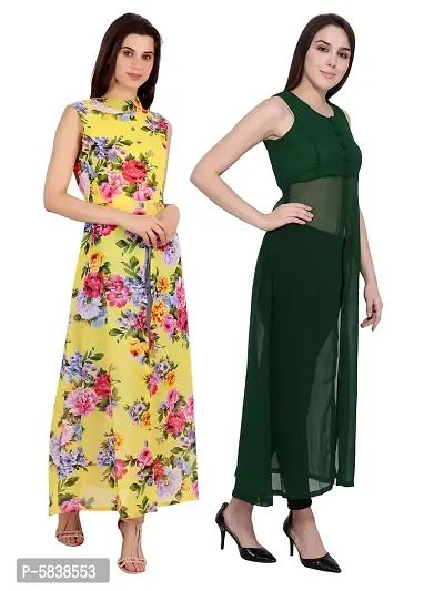 Women Yellow Flower Print  Green Solid Front Slit Maxi Dress-thumb3