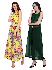 Women Yellow Flower Print  Green Solid Front Slit Maxi Dress-thumb1