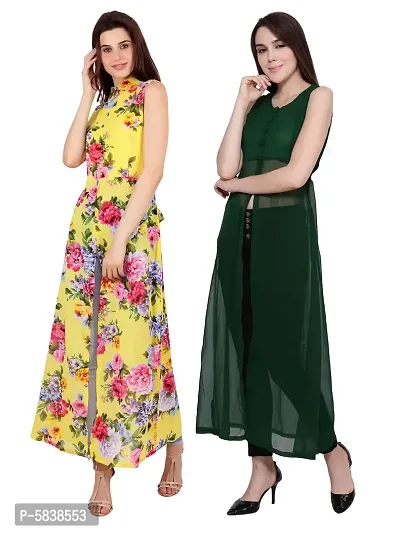 Women Yellow Flower Print  Green Solid Front Slit Maxi Dress-thumb2