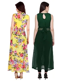 Women Yellow Flower Print  Green Solid Front Slit Maxi Dress-thumb3