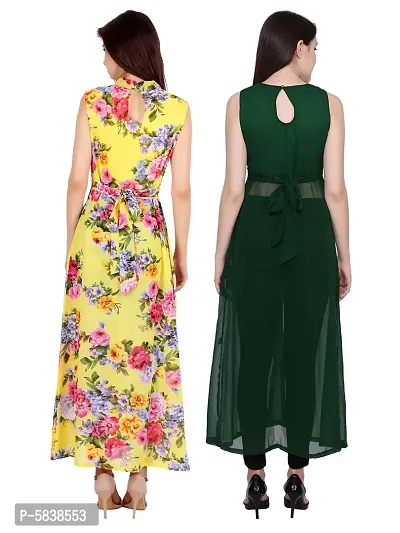 Women Yellow Flower Print  Green Solid Front Slit Maxi Dress-thumb4
