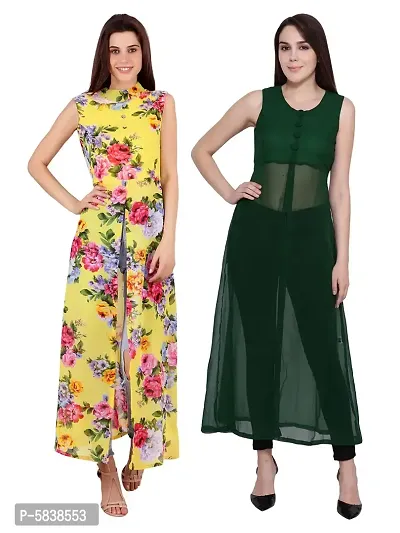Women Yellow Flower Print  Green Solid Front Slit Maxi Dress