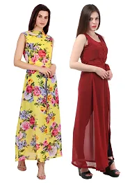 Women Yellow Flower Print  Maroon Solid Front Slit Maxi Dress-thumb2