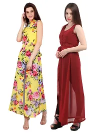 Women Yellow Flower Print  Maroon Solid Front Slit Maxi Dress-thumb1